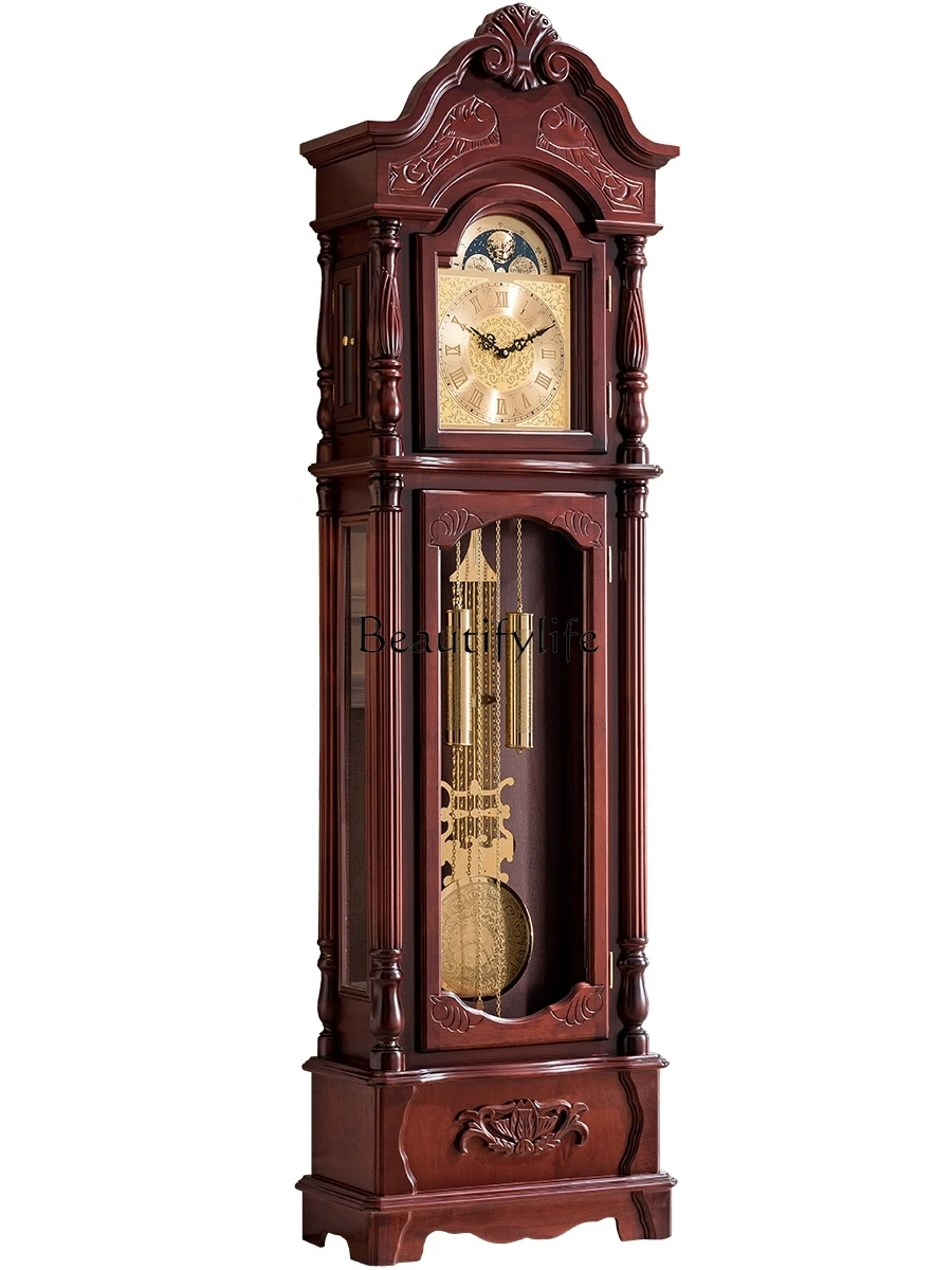 

Mechanical Clock European Style the Grandfather Clock Living Room Chinese Retro Large Pendulum Clock Jump-Second Movement