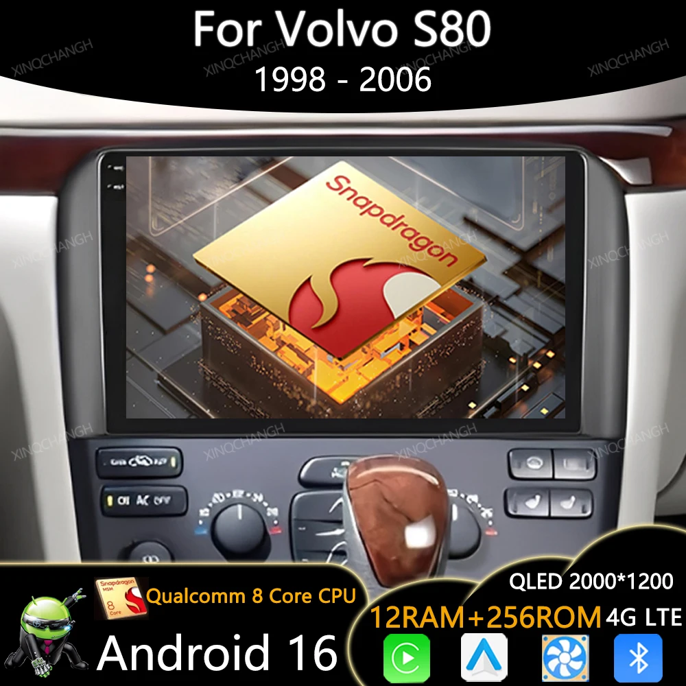 Android 16 Car Radio For Volvo S80 1998 - 2006 Qualcomm QLED Carplay Auto Multimedia Stereo Video Player 2DIN BT Head Unit GPS