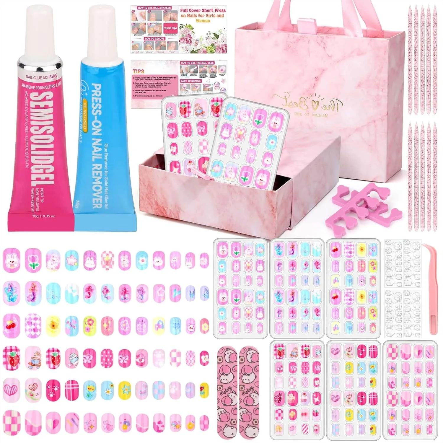 

144 Pcs Press on Nails for Kids 10-12, Fake Nails for Girls with Glue & Sticky Tabs, Short Cute Designs Nail Art Gift Set