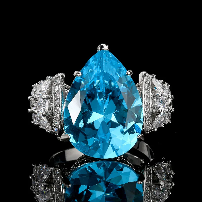 Silver Plated Women Statement Ring Pear Cut Imitation Emerald Aquamarine Orange Zircon Side Diamond Halo Luxury Finger Jewelry