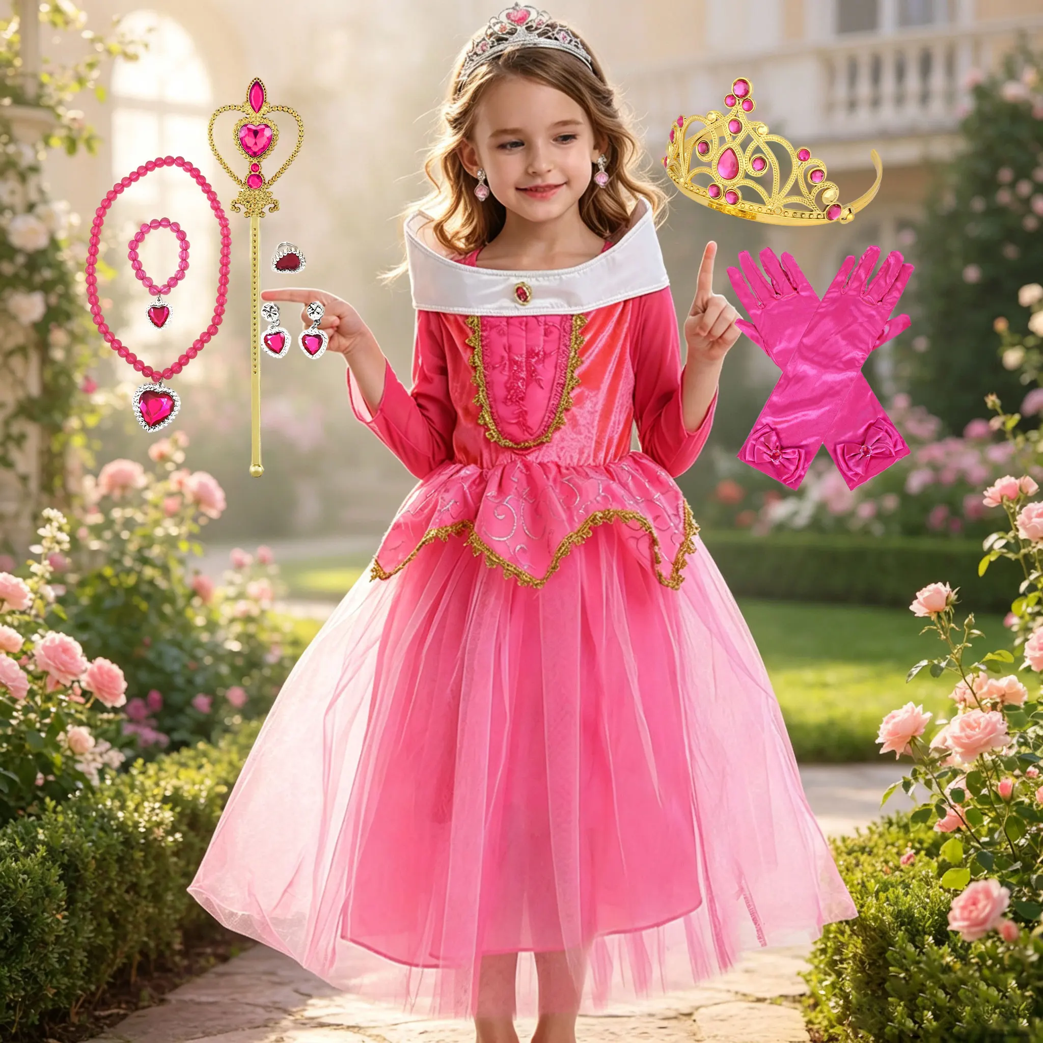 2026 Girl Pink Princess Dress Fairy Tale Ruby Inlaid Flower Embroidery Exquisite Ball Gown Birthday Party Aurora Cosplay Apparel