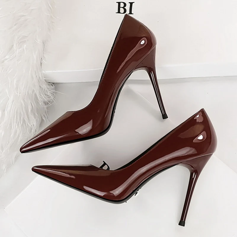 Women Fetish 10cm High Heels Nude Pumps Wedding Bridal Stiletto Wedding Sexy Wine Red Heels Lady Scarpins Office Party Shoes