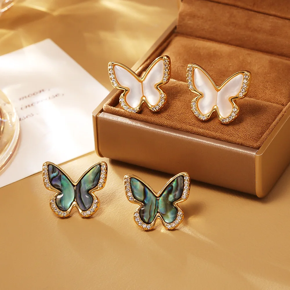 

Natural Fritillaria Butterfly Zircon Earrings High-end Exquisite Personality Versatile Earrings Niche Light Luxury Earrings