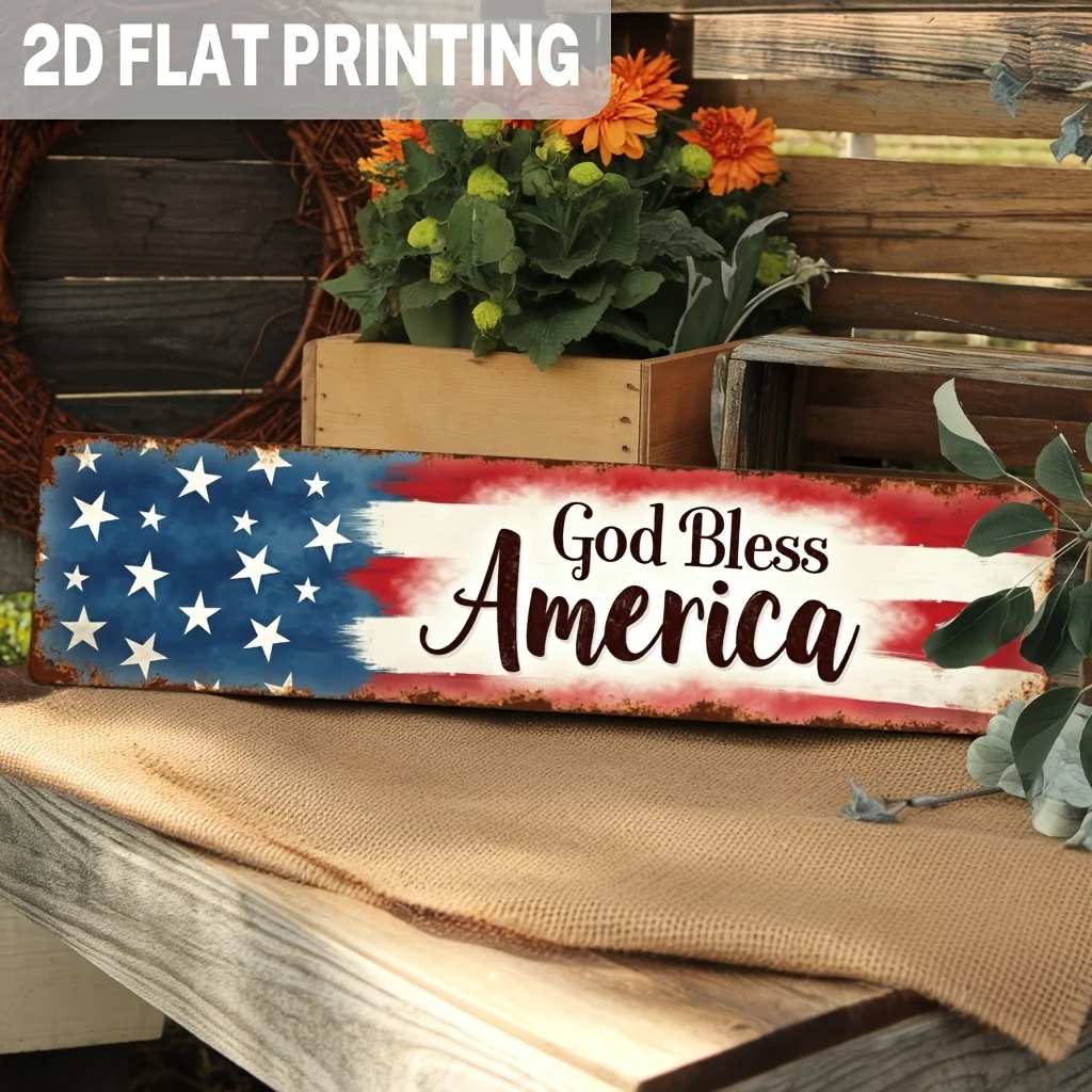 Inspirational God Bless America Metal Sign, Vintage American Flag Wall Decor for 4Th of July, Memorial Day, Labor Day
