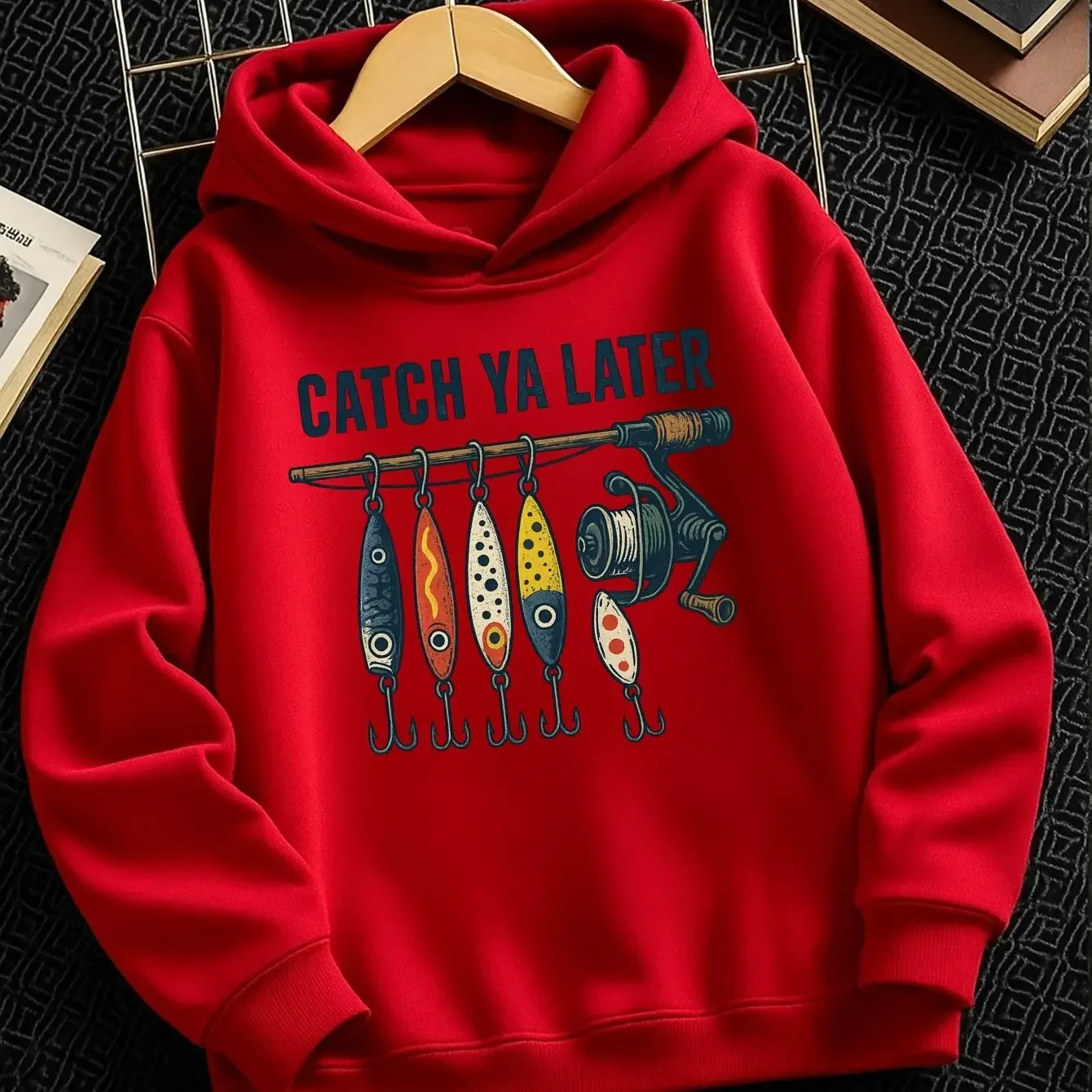Kids Fishing Hoodie Catch Ya Later Graphic Print Outdoor Lure Sweatshirt Boys Girls Pink Pullover Hooded Top Casual Streetwear