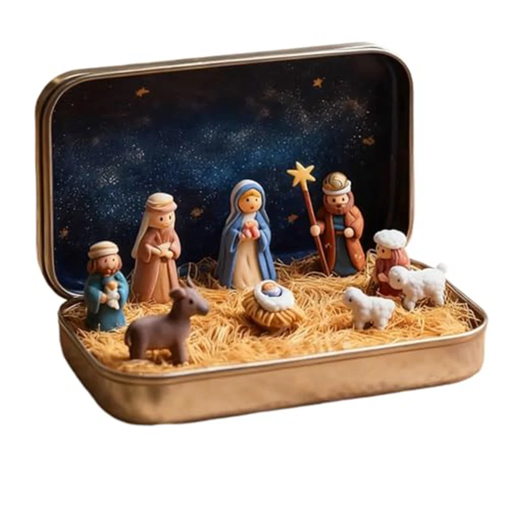 Mini Portable Nativity Set in Tin Box Compact Holiday Decoration Display for Desk and Home During Christmas Season