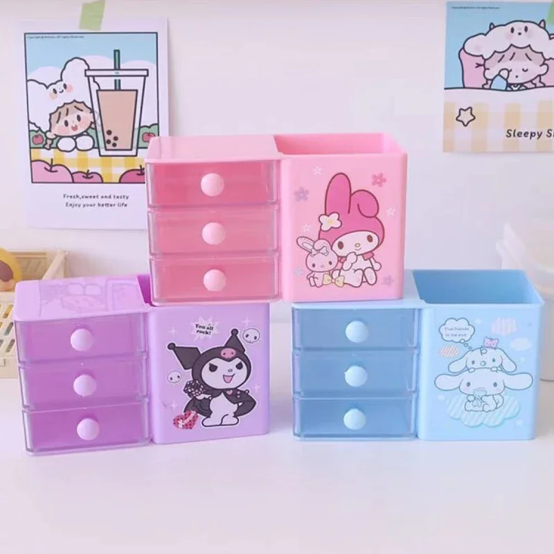 Sanrio Mymelody Kuromi Kawaii Cartoon Pen Holder Desktop Multifunctional Stationery Cosmetics Storage Box Organizer gift