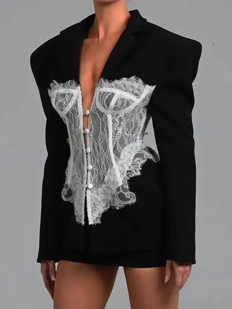 Fashion White Lace Patchwork Blazer Women's Notched Collar Slim Fit Long Sleeves Single Breasted Suit Jacket New Tide