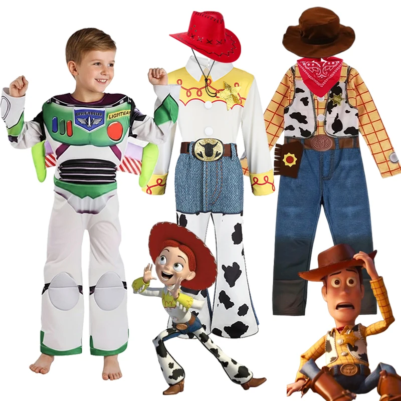 Nuevos conjuntos de disfraces de Jessie y Woody para niños, mono de Buzz y Woody, vestido de dibujos animados para niña, ropa de vaquera para Halloween, cosplay, carnaval y fiestas.
