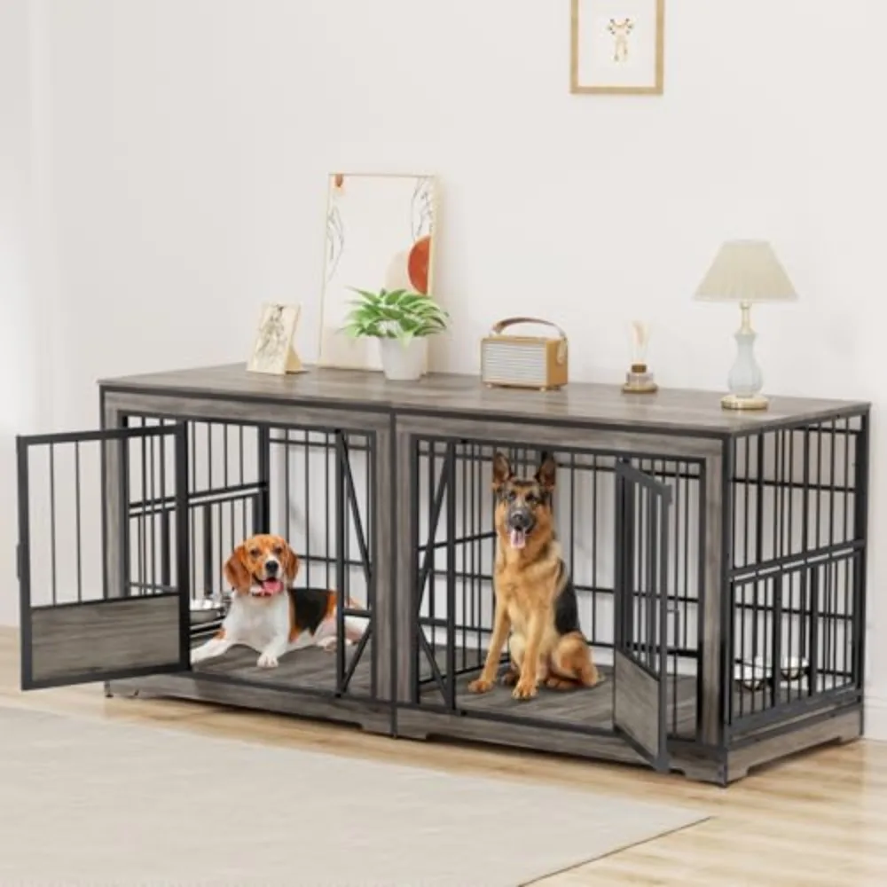 71'' Double Dog Crate Furniture for 2 Dogs, Extra Large Dog Cage with Adjustable Divider, Heavy Duty Dog Kennel Indoor