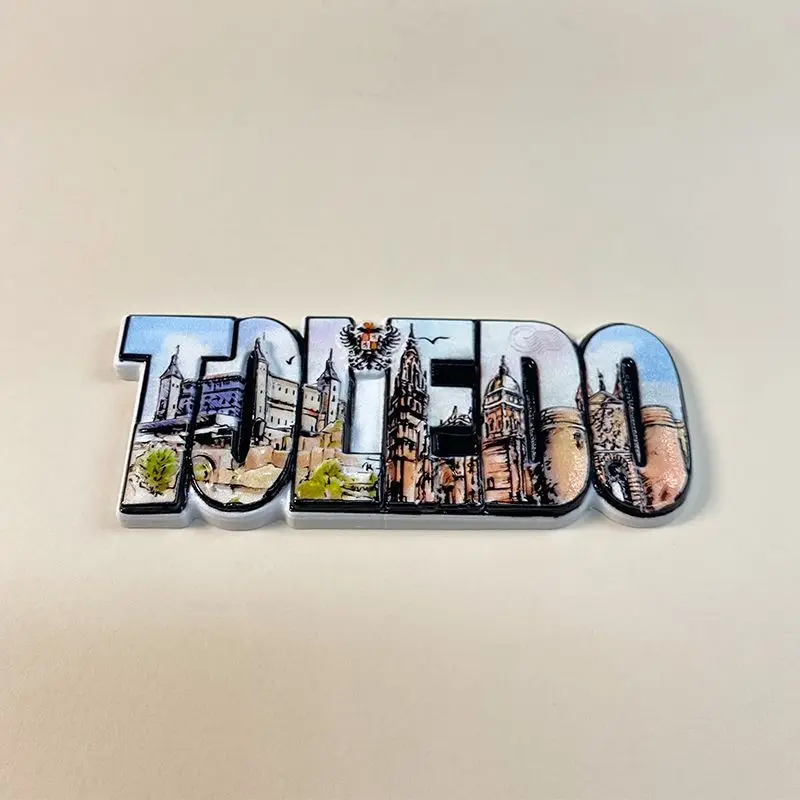 Toledo, Spain, refrigerator magnet, lettering, travel souvenir, three-dimensional decoration, personalized