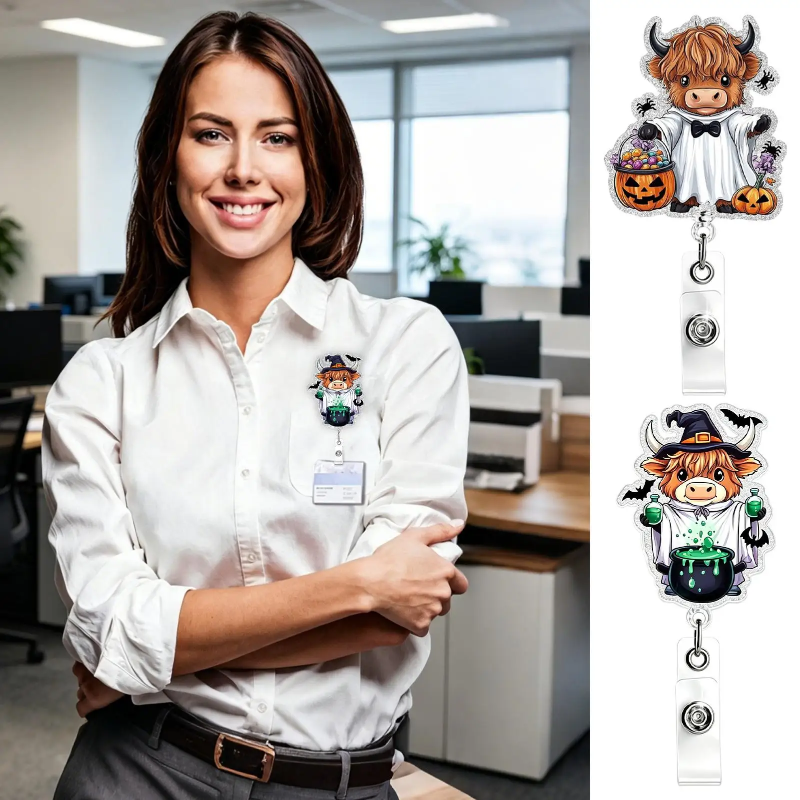 Halloween Badge Reels Retractable Halloween Cow Card Holder With 360 Degree Swivel Clip Funny Badge Reel For Office Work School