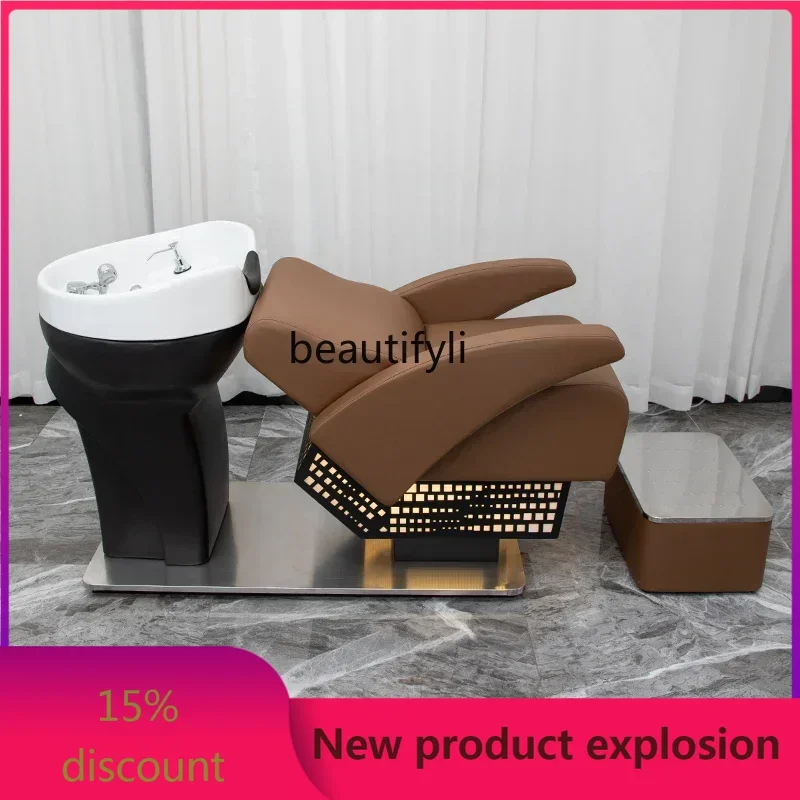 

zGHairdressing Flushing Bed Barber Shop Ceramic Basin Shampoo Chair Stainless Steel Japanese Half Lying Shampoo Chair