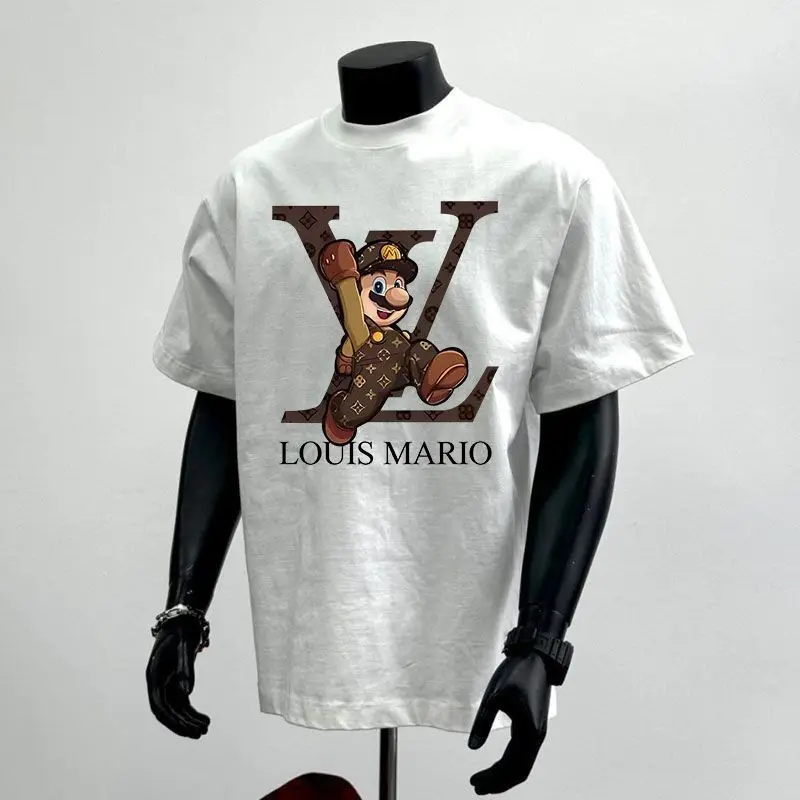 

American Small Neckline Oversize Handsome Heavy Cotton Printed Short-sleeved T-shirt Men's Tide Brand Light Luxury T-shirt High