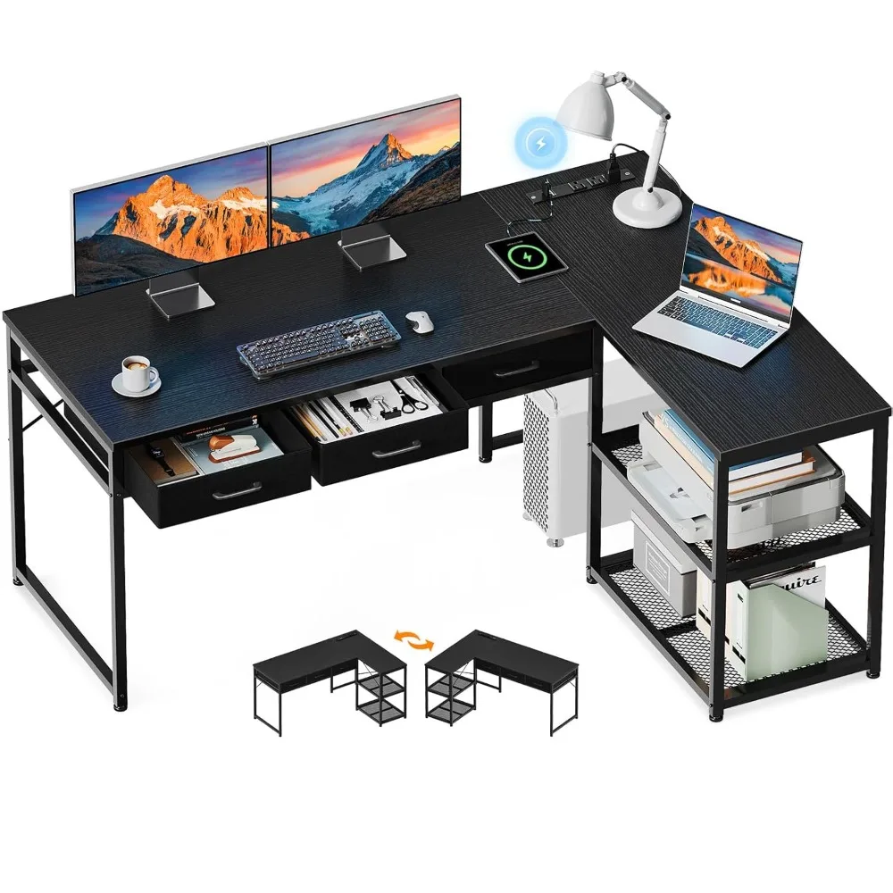 

53 Inch L Shaped Computer Desk with Drawers, Corner Desk with Power Outlets & Reversible Storage Shelves, Customized