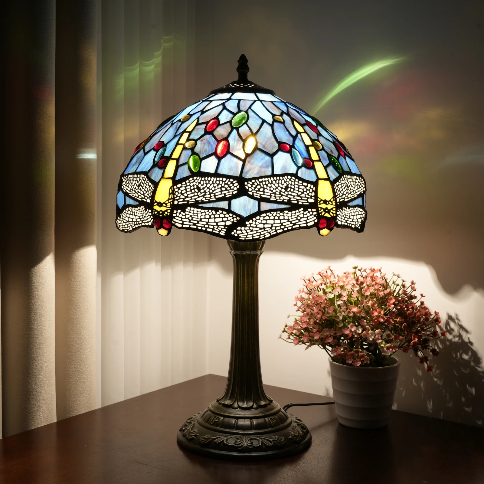 Tiffany Dragonfly Style Stained Glass Bedroom Table Lamp Reading Desk Light for Bedside Living Room Office Decor Gift