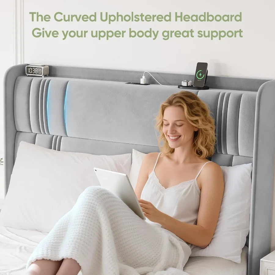 إطار سرير كوين مع لوح رأسي طويل 52 إطار سرير بمنصة منجدة مع محطة شحن إطارات سرير مخملية فاخرة منحنية #3