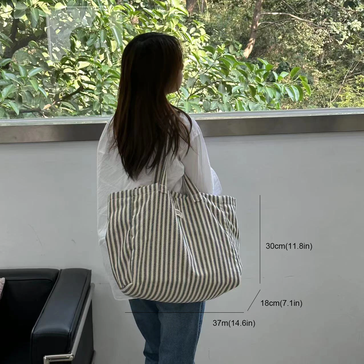 Eco Friendly Vertical Striped Fabric Large Capacity Shoulder Shopping Tote Bag