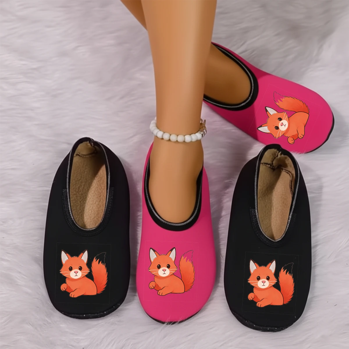 

Four season wearable women's cute little fox print suede breathable high elasticity indoor anti slip floor slippers