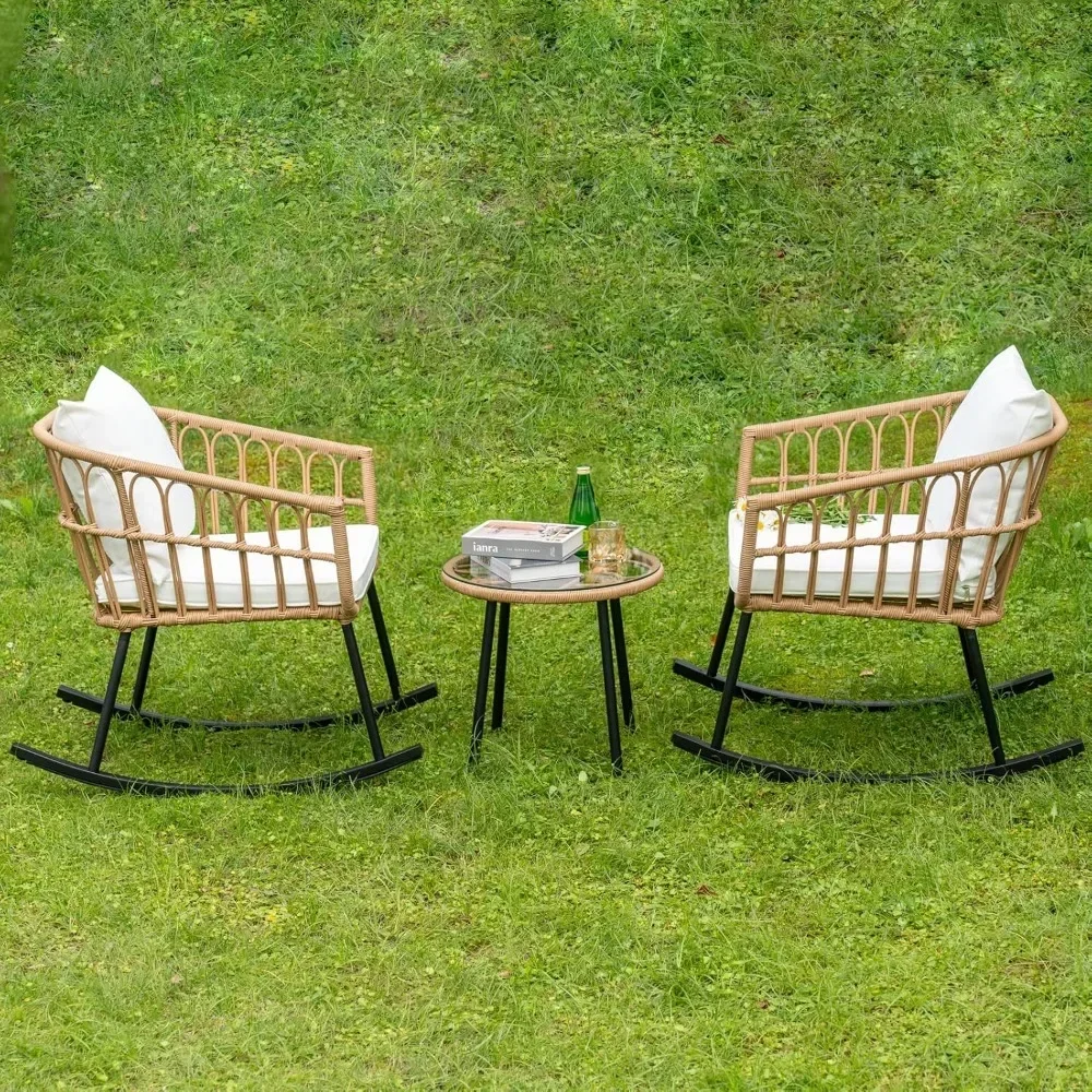 Patio Outdoor Boho Balcony Furniture Rocking Chairs Set,Wicker Rattan Small Patio Conversation Rocking Chairs and Glass Table