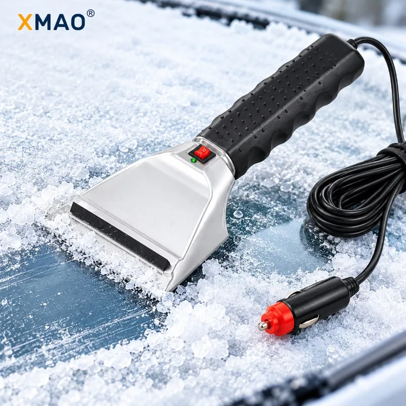 XMAO Car Windshield Heated Ice Scraper, 12V Winter Snow and Frost Remover with Rubber Squeegee, Contoured Handle and Power Cord