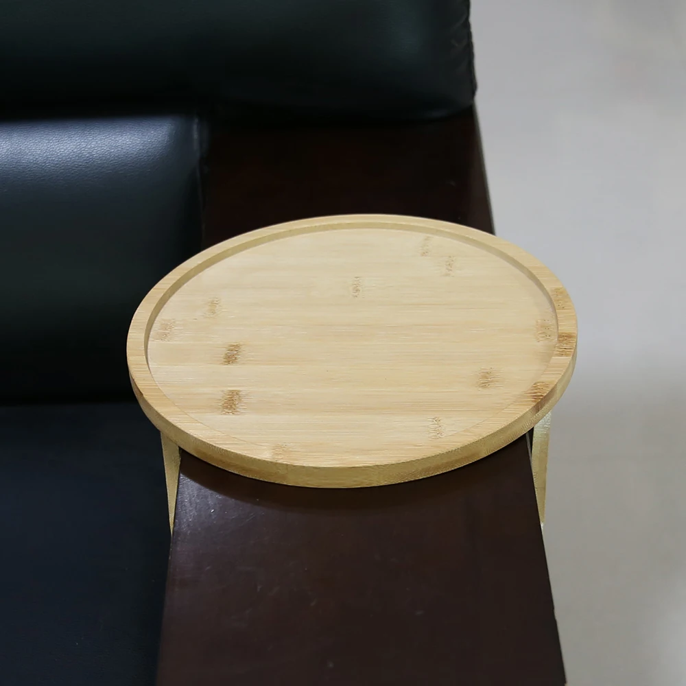 Round Natural Bamboo Couch Arm Table Clip-on Small Mini Folding Foldable Tray Sofa Armrest Side Table for Drinks Snacks