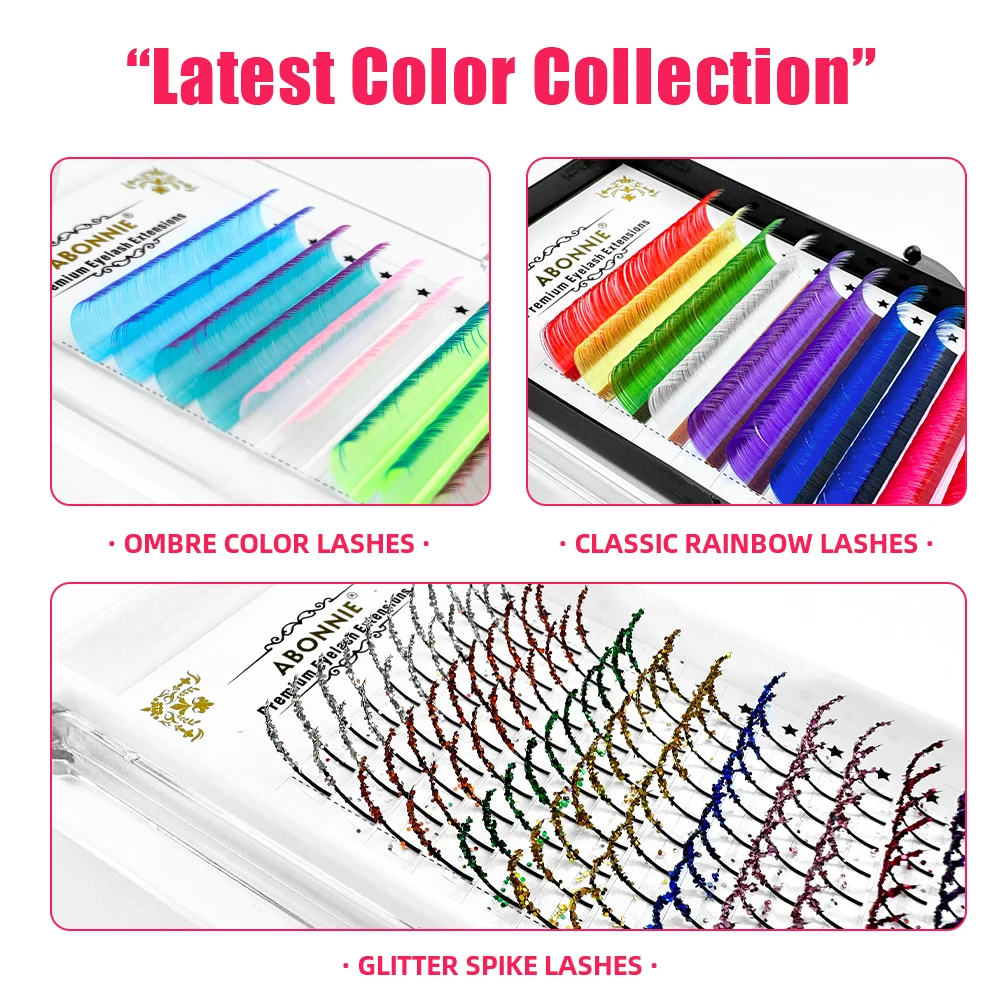 Abonnie 12Rows Ombre Gradient Color Eyelash Extension Mix Colored Glitter Spikes Fairy Eye Lashes Faux Cilios