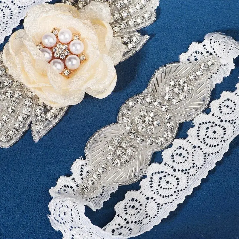 

K3KF Wedding Garters Set Lace Bridal Garter Rhinestones Pearls Stretchy Garter Set