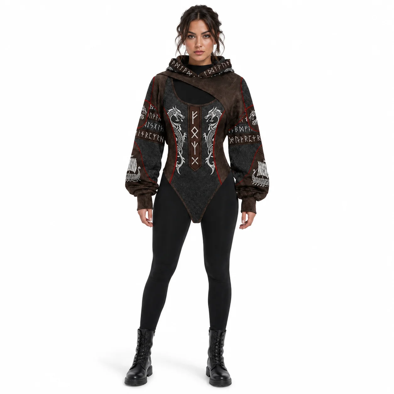 Viking Print Women's Hooded Jumpsuit Two-Piece Set Casual Loose Long Sleeve for Daily Home Lounge & Streetwear