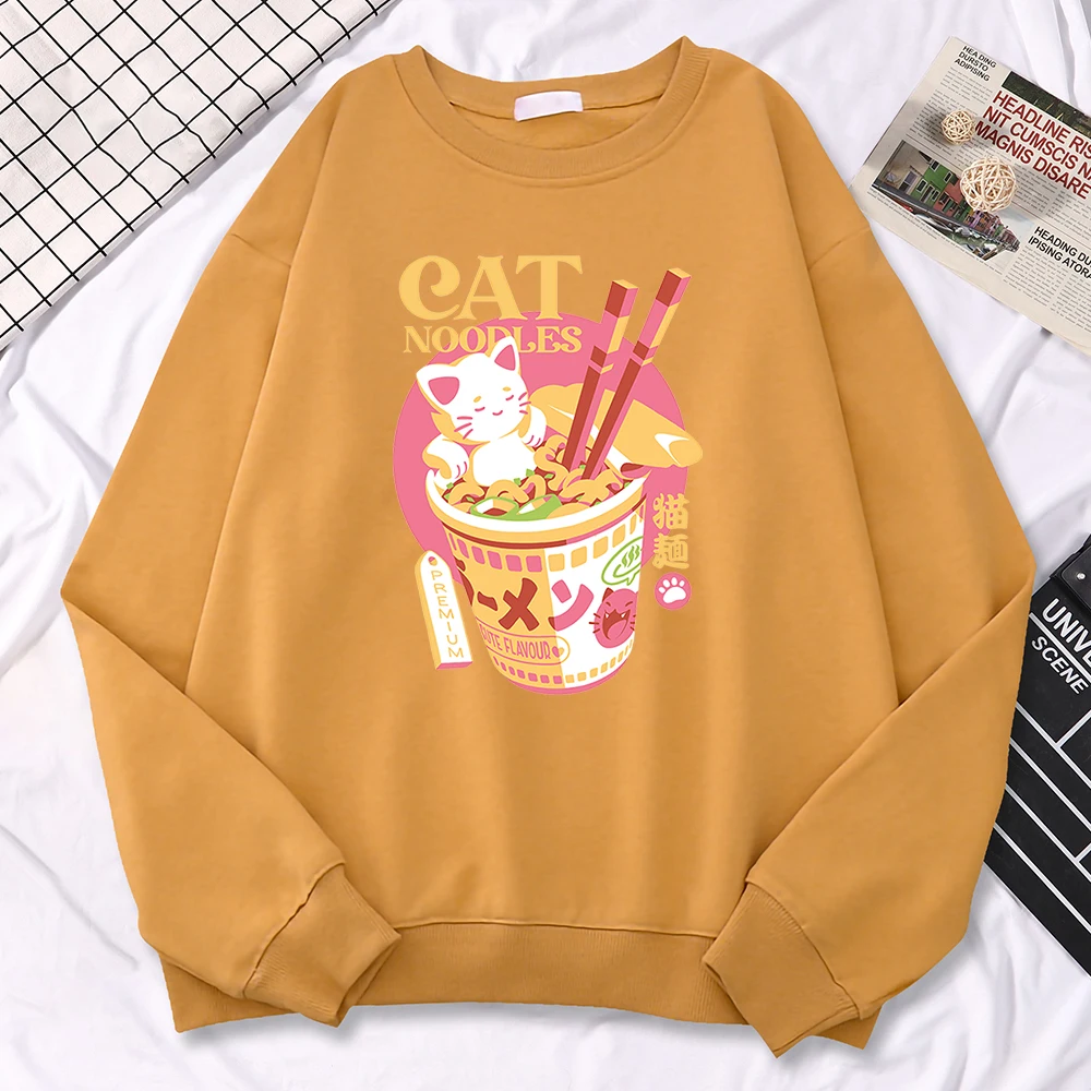 Simple Trend Womens Sweatshirts Japanese Cat Noodles Premium Print Hoodies Fleece Soft Pullovers Loose Warm Female Sportswears