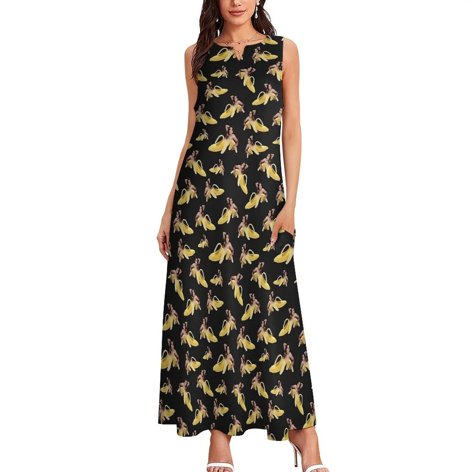 Meme Nicolas Cage Banana Dress  Beach Maxi Dress Aesthetic Casual Long Dresses Summer V Neck Printed Vestidos Big Size 5XL