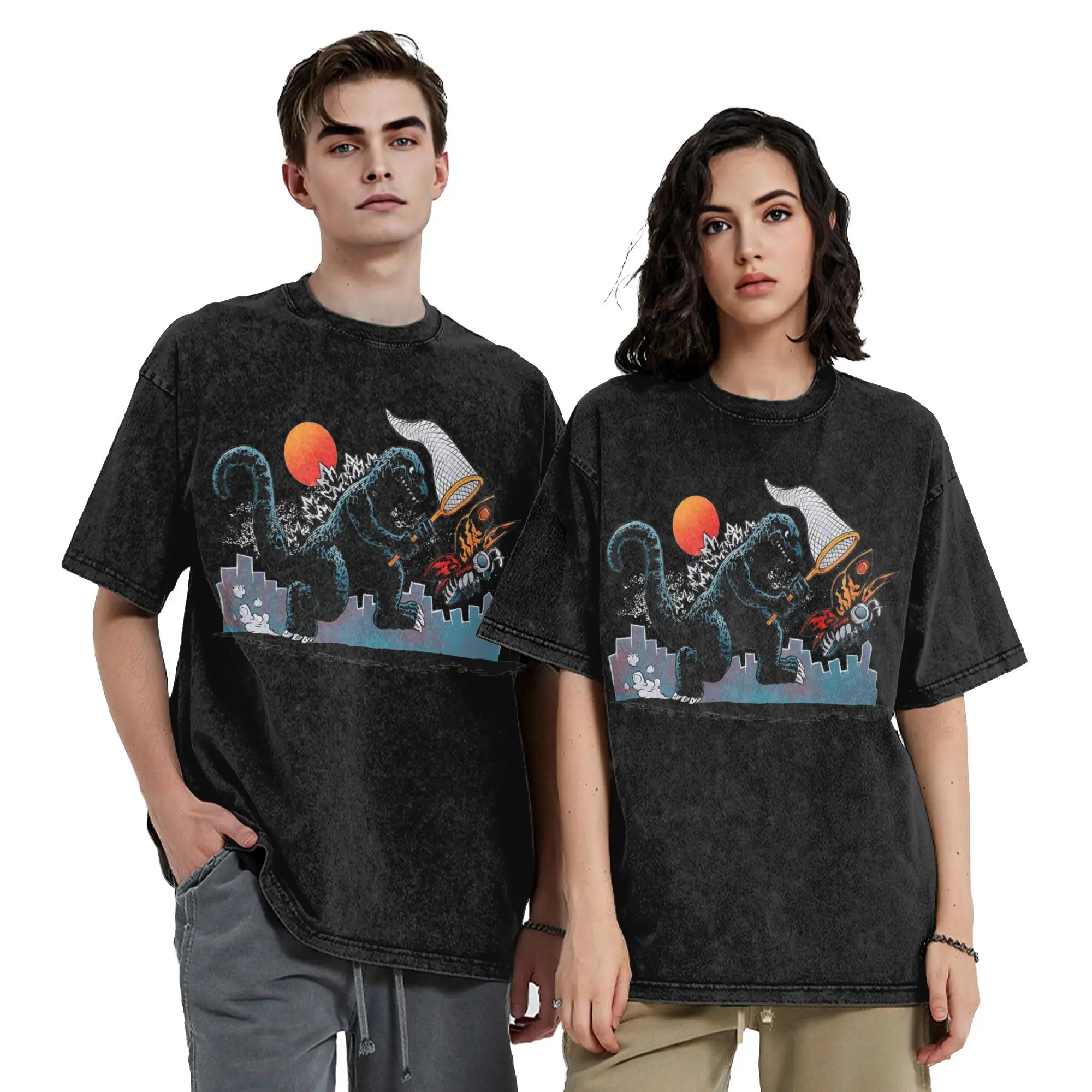 Zeros Godzillaed Dagons Vintage Ones New Monsters Vintage Washed T-Shirt Men's Cotton Tops Shirts   Round Neck Short Sleeve