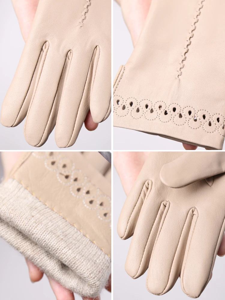 Women\'s sheepskin gloves winter warm plus velvet short thin driving female color leather gloves new high-end embroidery2229