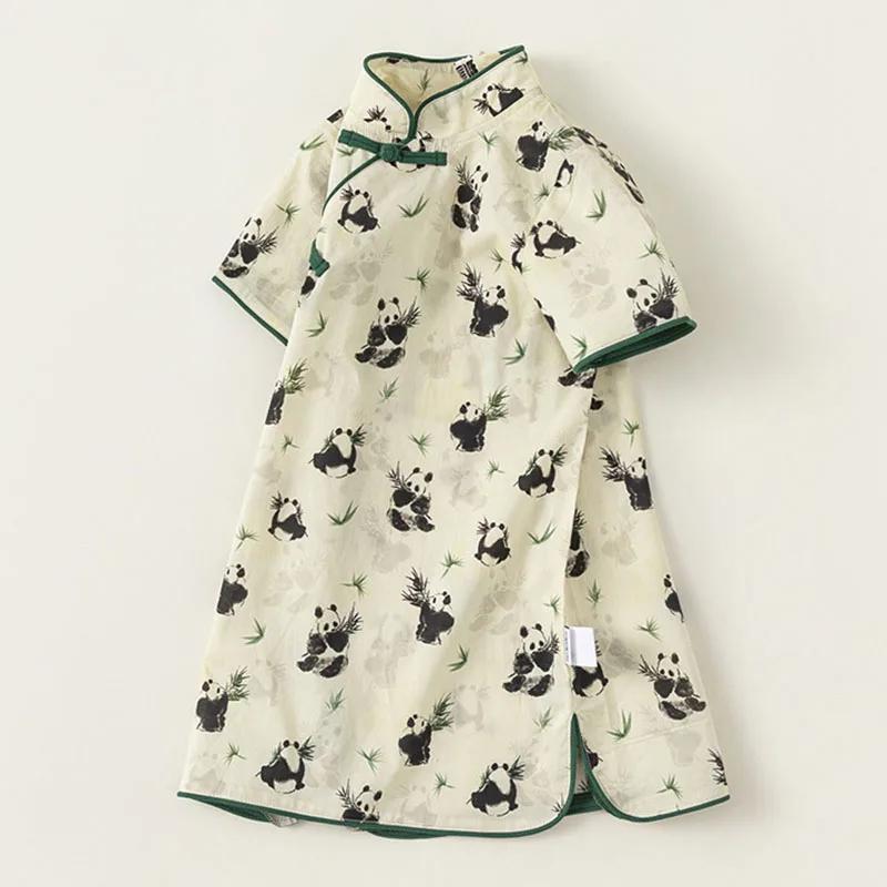 Summer Kids Girls Clothes Chinese Style Cheongsam Cartoon Cute Print Flowers Short Sleeve Cotton Toddler Dress Baby Dresses B175