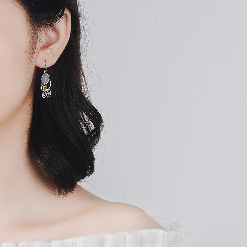 WOSIKATE Vintage 925 Sterling Silver Moonstone Earrings For Women Colorful Zirconia Gemstone Drop Earrings Fashion Jewelry