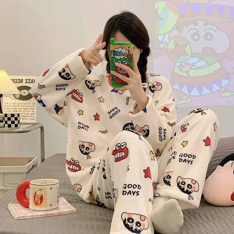 Crayon Shin-chan Anime Ladies Pajamas Cartoon Round Neck Long-sleeved Cardigan Autumn Winter Thickened Warm Comfortable Homewear