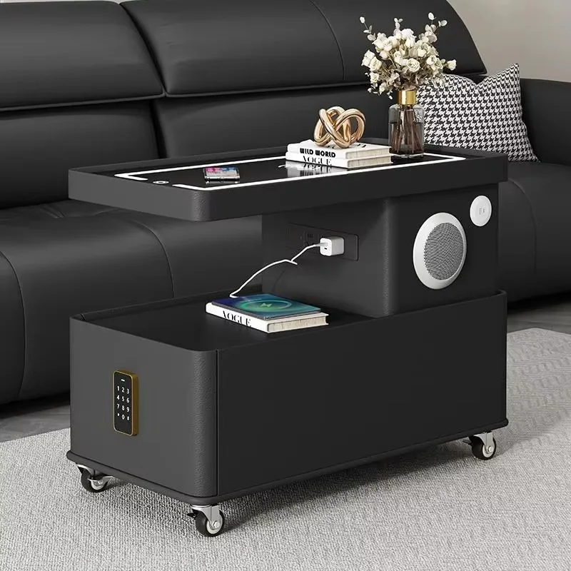 Multifunctional Smart Rotatable Side Coffee Table Movable Lock Wheels Light Luxury Smart Bedside Table for Living Room Household
