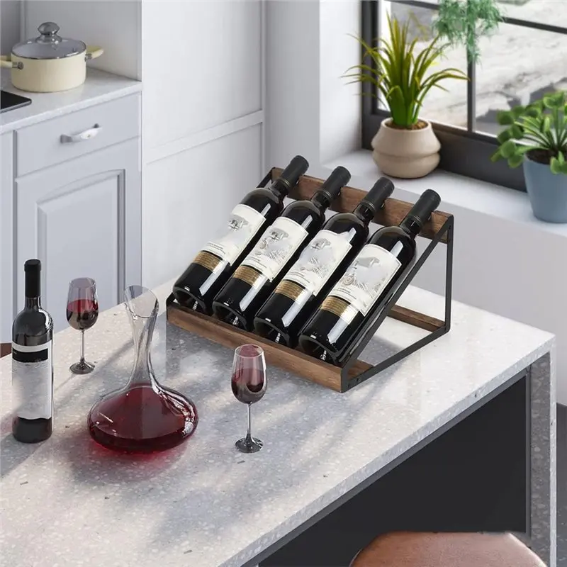 ABWZ-Iron Wood Combination Wooden Red Wine Rack Slanted Desktop Display Storage Rack For Multiple Bottle