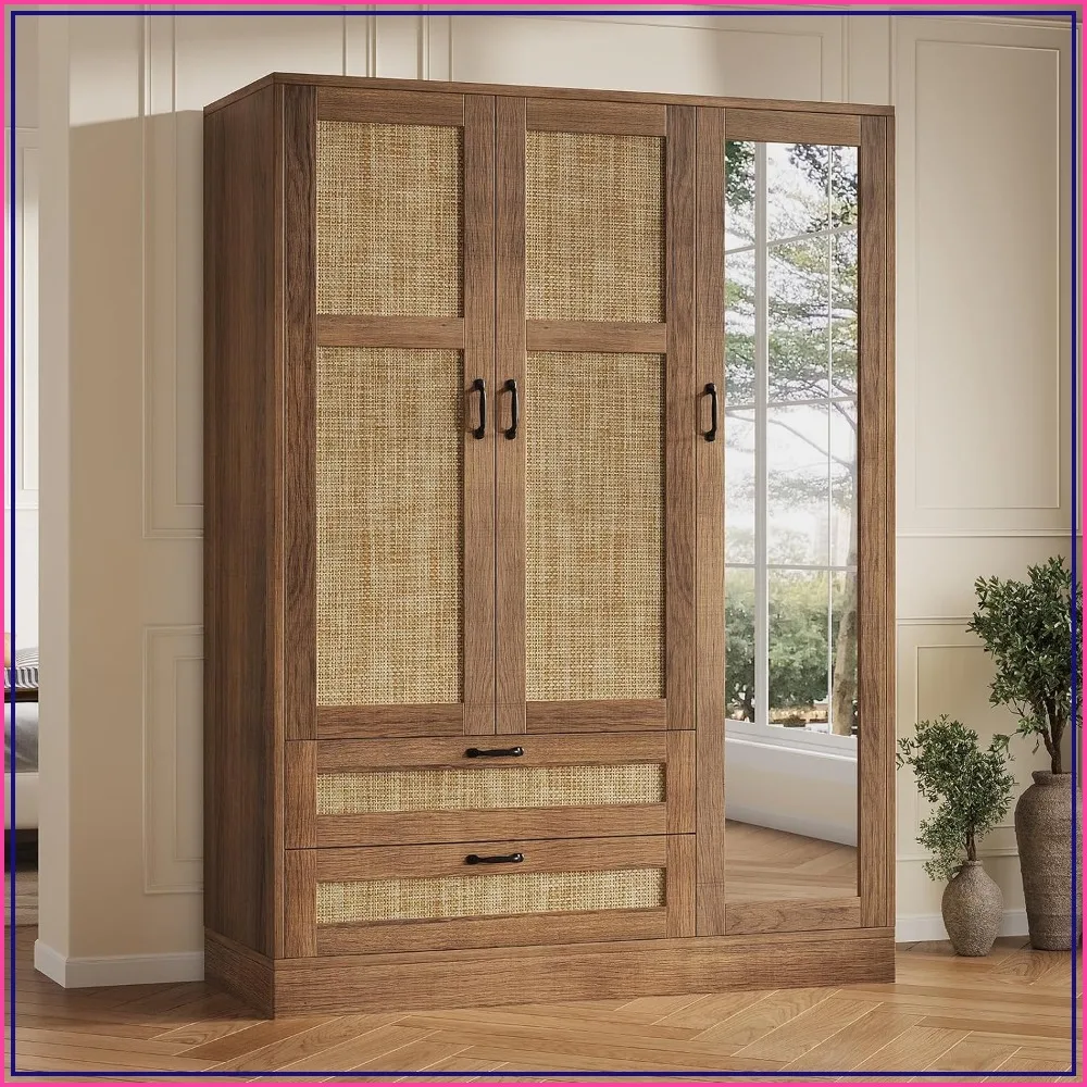 Rattan Armoire Wardrobe with Full Length Mirror, 3 Doors, 2 Drawers, Hanging Rod for Bedroom