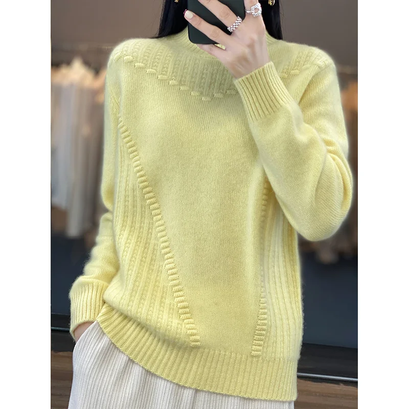 New Jacquard 100 Cashmere Sweater Women\'s Half Turtleneck Thickened Bottoming Sweater Loose Pullover Knitted Sweater Spring