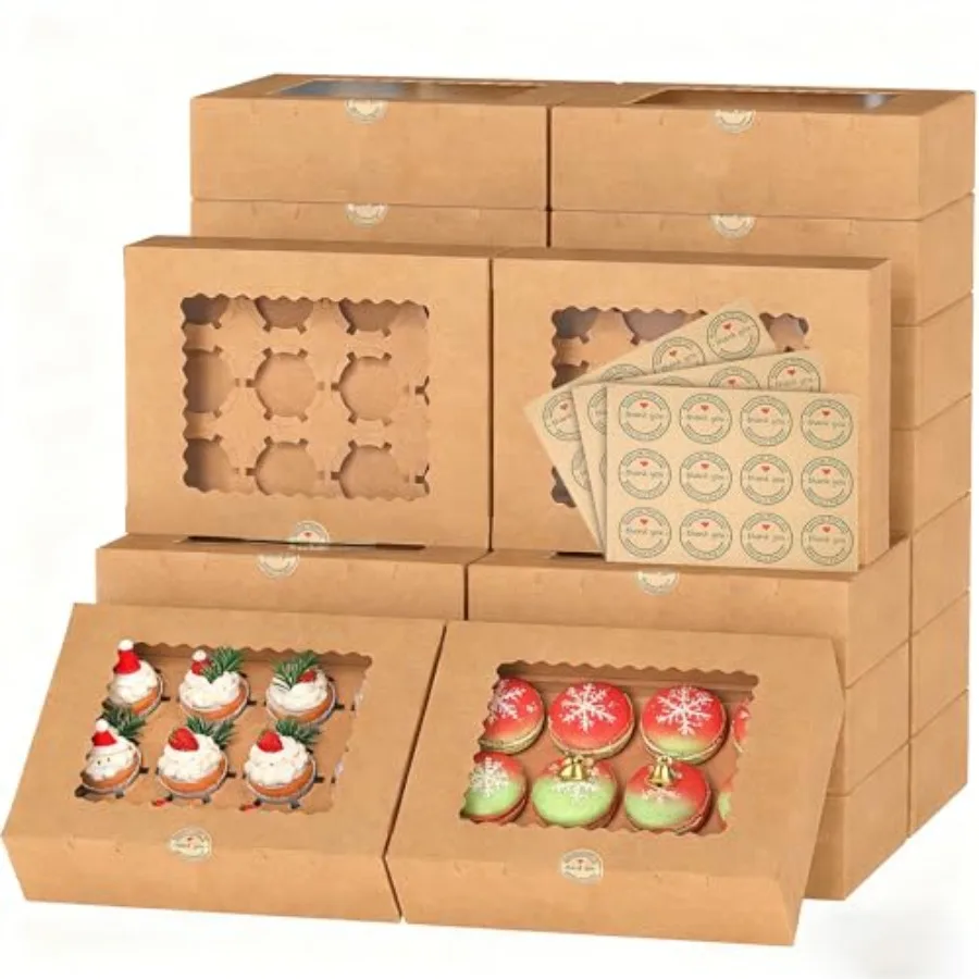 

50 шт. коробок для кексов, контейнеры для 12 кексов с окном, коробка для кексов с вкладышами и 50 наклеек, 12,8x9,84x3,54 дюйма