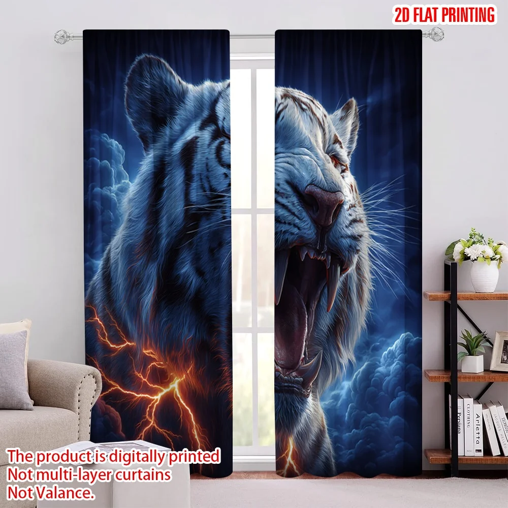 2pcs 2D flat printing Drapes White Tiger Fire Lightning Digital Printed Polyester Drapes Seasonal Party & Holiday Decor Use for