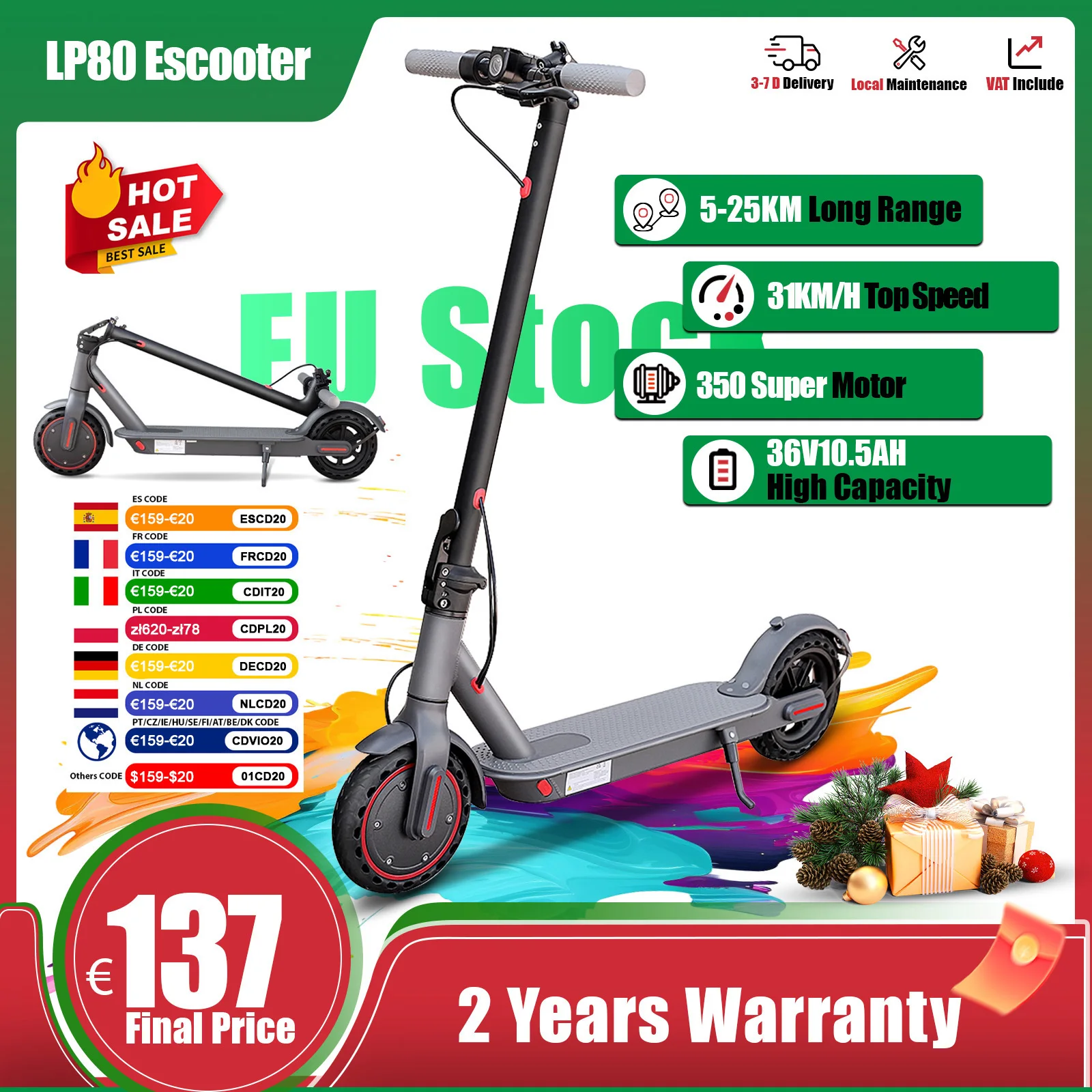 Scooter elettrico LP80 350W con doppio freno Pneumatico antiscivolo da 8,5 Portata massima 25KM Smart App Scooter elettrico 31KM/H 36V10.5A Batteria