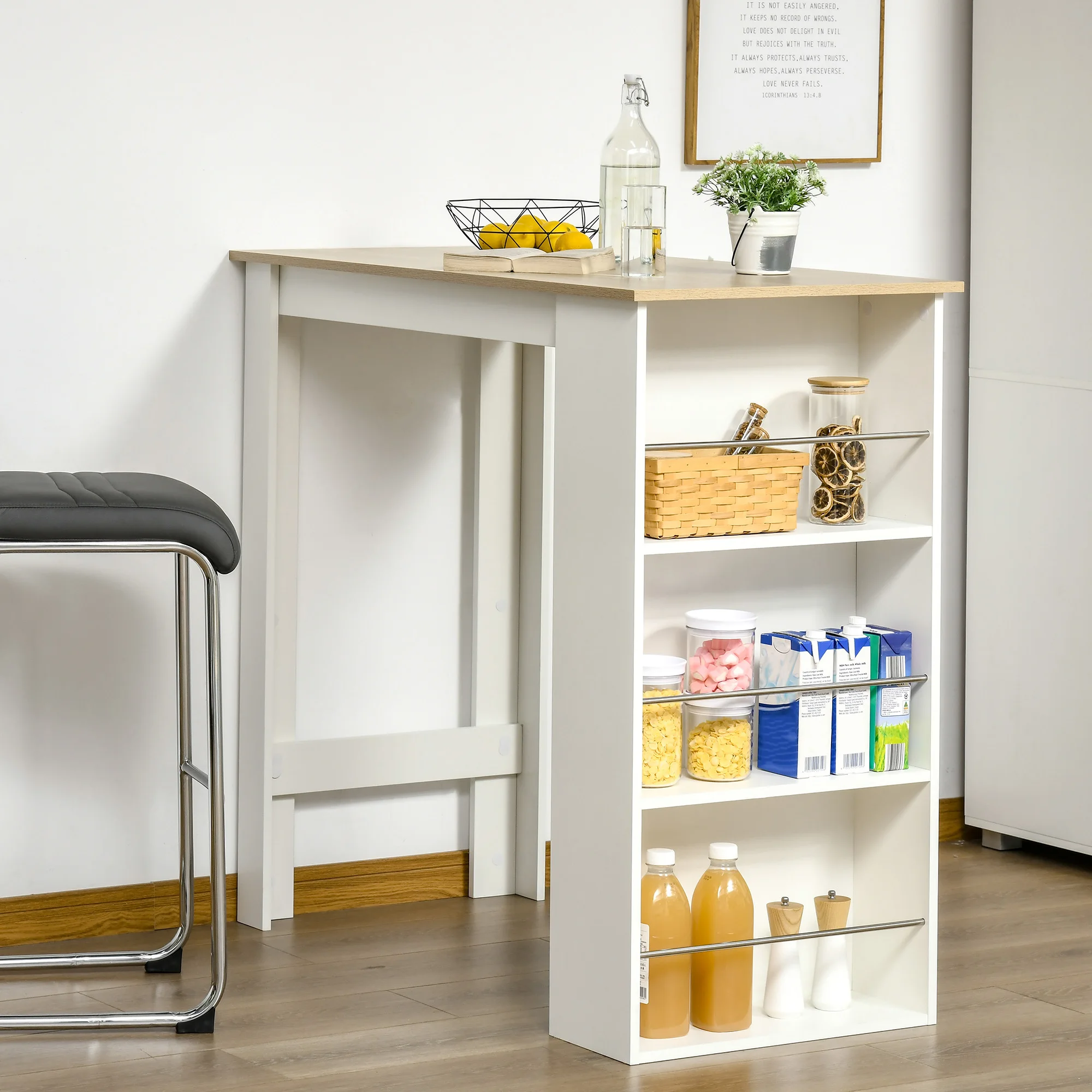 HOMCOM Bar Mesa com 3 Prateleiras Laterais e Moldura De Madeira, Branco, 12x57x106cm