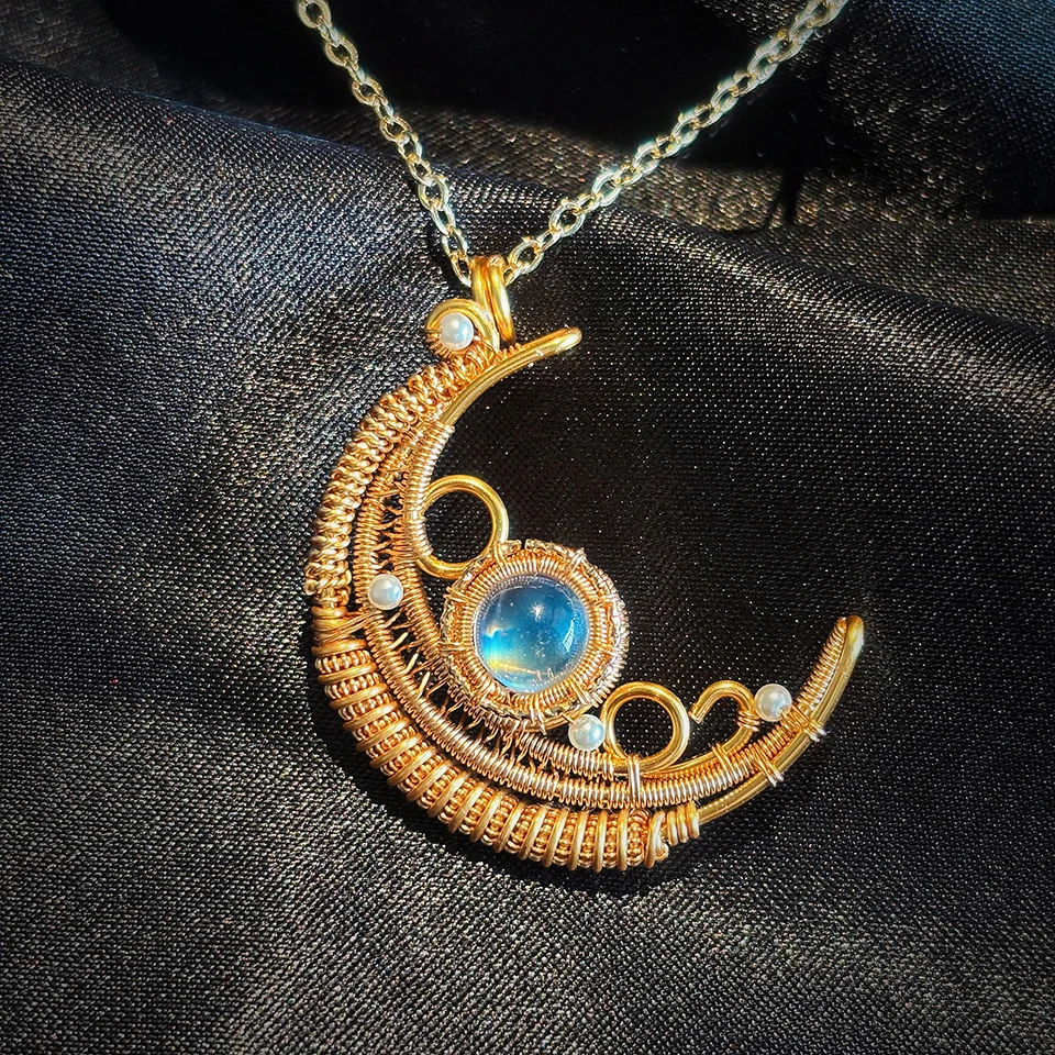 

Кулон ручной работы с проволочной оплеткой, ювелирное изделие из 14-каратного золота с натуральным лунным камнем 7 мм, уникальный подарок, проволочная оплетка