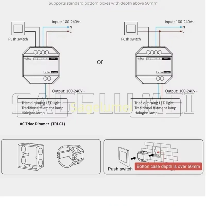 AC 110V 220V ZB-Box3 TRI-C1 TRI-C1WR TRI-C1ZR AC Triac Dimmer 2.4G RF Remote WiFi App /Voice Push Control 300W for Halogen Lamps