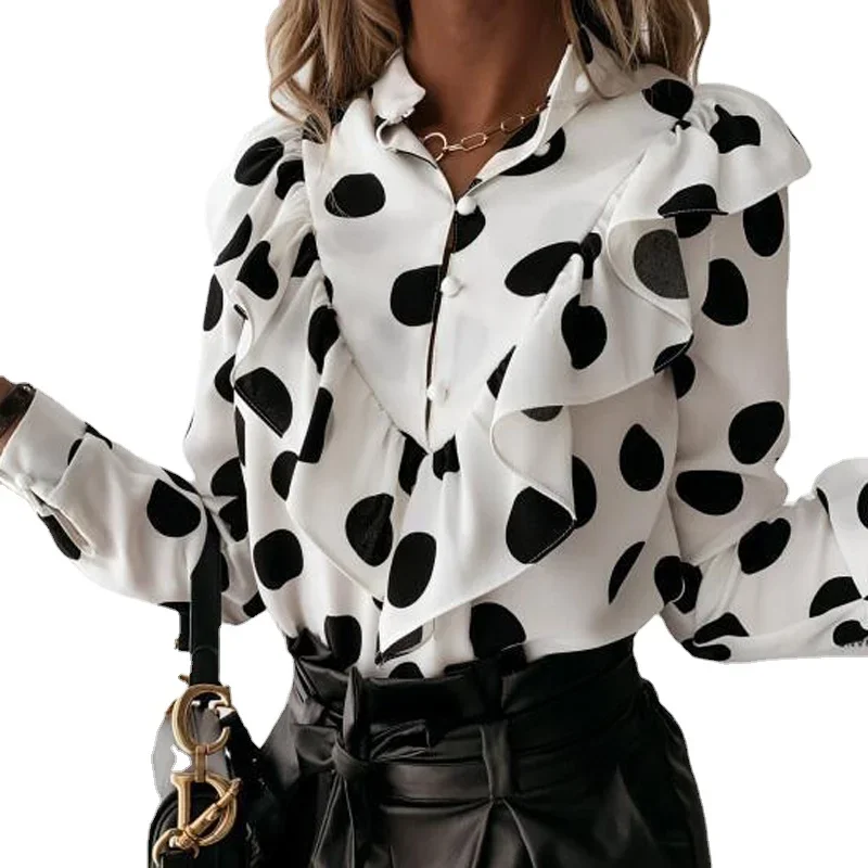 2025 bureau dame élégante volants femmes chemise mode nouveau Vintage à manches longues Blouses Cacual haut ample à pois en mousseline de soie vêtements