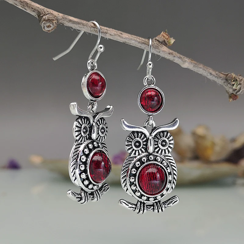 Vintage Red Round Stone Owl Earrings Lovely Animal Jewelry Thai Silver Color Statement Dangle Earrings Party Accessories