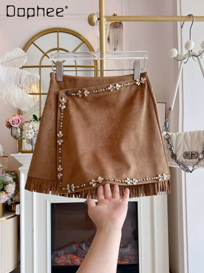 

Heavy Rhinestone Skirt Women Autumn Winter Vintage High Waist Slimming Tassel A-line Skirts Elegant Socialite Mini Skirt Female