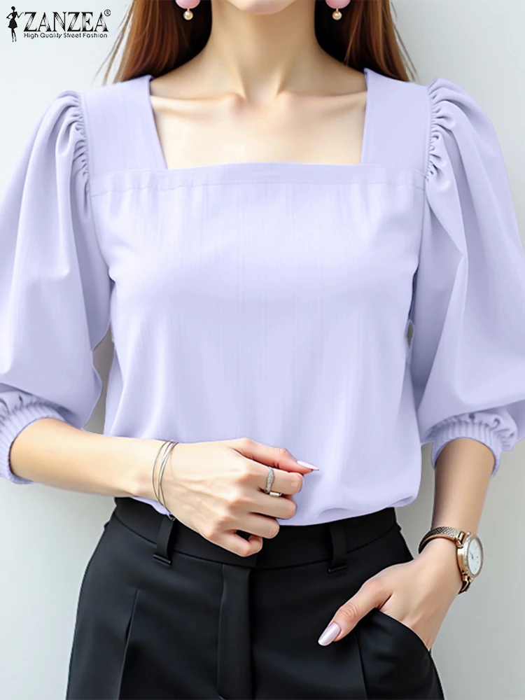 

2025 ZANZEA Elegant Women Square Neck Office Work Blouses Summer Shirts Casual 3/4 Sleeve Solid Tops Holiday Blusas Tunic Femme